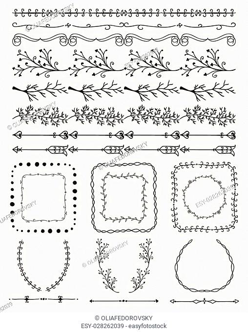 Collection of Black Artistic Hand Sketched Decorative Doodle Vintage Seamless Borders. Frames, Wreaths, Branches, Dividers. Design Elements