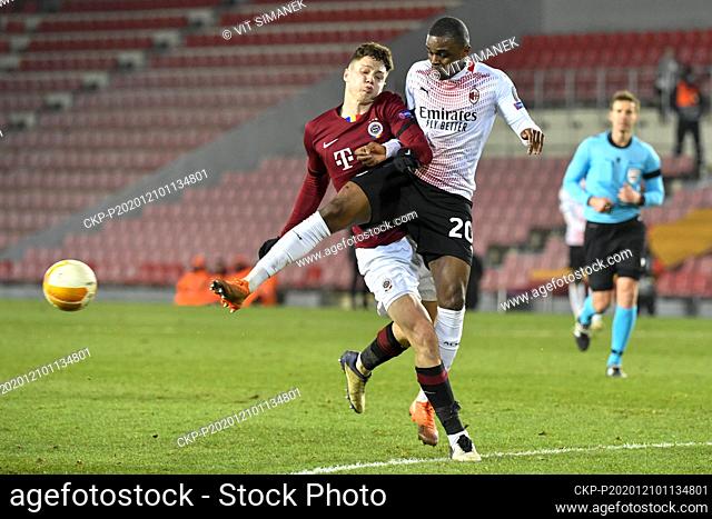L-R Ladislav Krejci of Sparta and Pierre Kalulu of Milan in action during the UEFA Europa League 6th round, group H, match AC Sparta Prague vs AC Milan in...