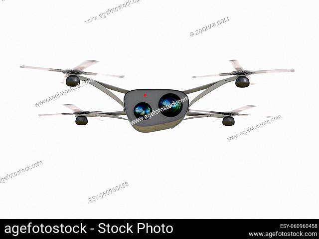 isolated modern camera drone in flight, front view of the futuristic black drone concept 3D render