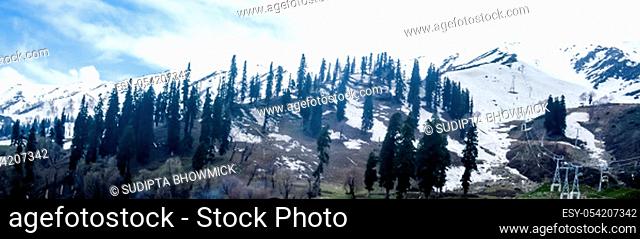 Deep Snow covered Himalayan mountain and Winter white forest landscape view. Inspirational Panorama view. Christmas Holiday season wallpaper background