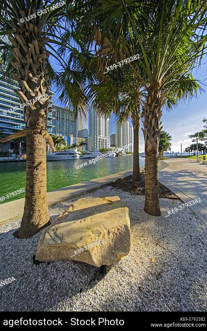 Brickell Park and Miami River. Florida. USA