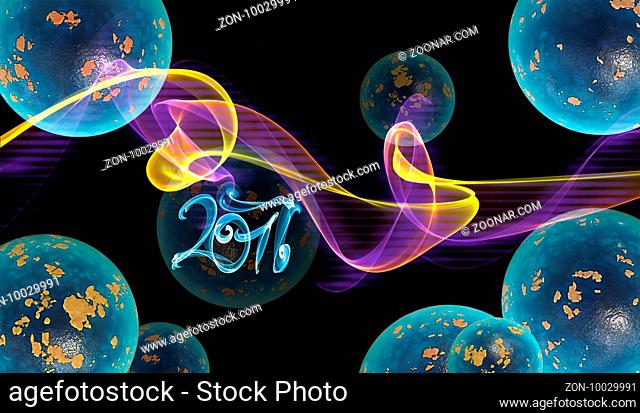 abstract colorful wavy smoke flame over black background full of planets and 2017 lettering written by blue smoke