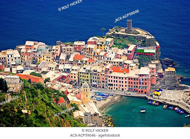 Aerial of Vernazza, Liguria, Ligure, Riviera di Levante, Italy, Europe