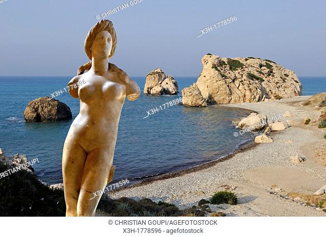 photomontage, statue of Aphrodite from Soli, 1st century BC of the Archeological Museum of Nicosia and Petra Tou Romiou site, legendary Aphrodite's birthplace