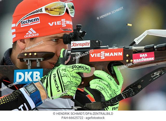 Arnd Peiffer of Germany at the shooting range before the Men's 4x7.5 km relay competition at the Biathlon World Championships, in the Holmenkollen Ski Arena