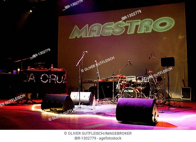 Stage before a Da Cruz concert begins in Theatre La Fourmi, Lucerne, Switzerland, Europe
