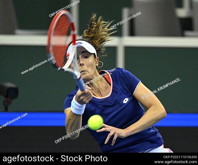 Alize Cornet (France) in action during Group A match against Rebecca Marino (Canada), not pictured, on November 1, 2021, in Prague, Czech Republic