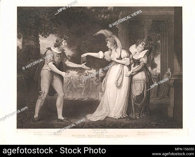 Before the Duke's Palace-Rosalind, Celia, Orlando, the Duke & Attendants (Shakespeare, As You Like It, Act 1, Scene 2). Series/Portfolio: Boydell's Shakespeare...