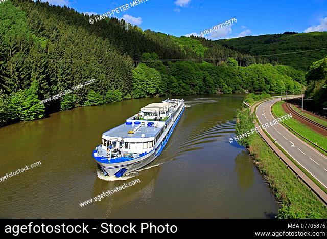 Cruise ship on the Saar at Taben-Rodt, Rhineland-Palatinate, Germany