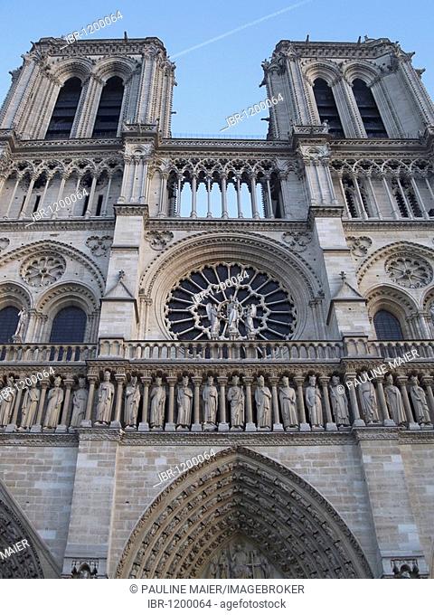 Gothic facade of the Cathedral of Notre Dame de Paris, Paris, France, Europe