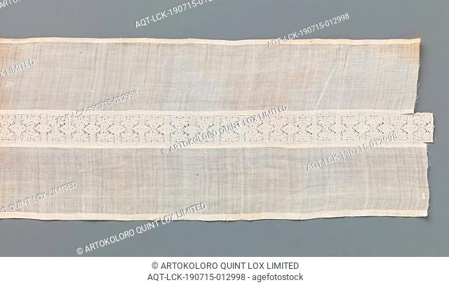 Strip linen batist with a bobbin lace insert with two stylized mirrored flowers between vertical lines and ovals, Strip linen batist with a natural Dutch bobbin...