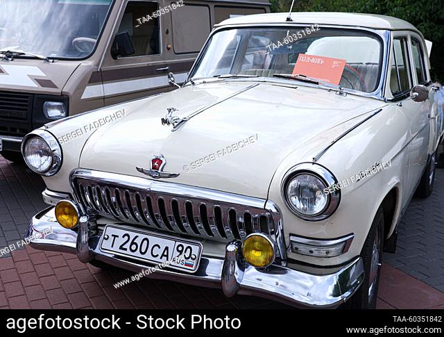 RUSSIA, MOSCOW - JULY 9, 2023: A GAZ-21 Volga car is on display during a vintage vehicle festival marking Moscow Public Transport Day on Sparrow Hills