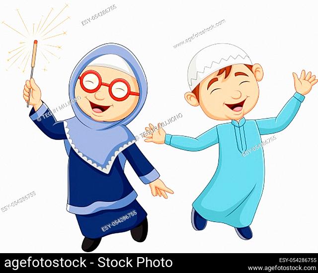 Happy Muslim kid cartoon on white background