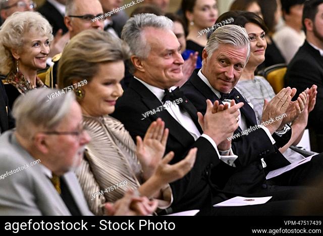 Queen Mathilde of Belgium, Lithuania President Gitanas Nauseda, King Philippe - Filip of Belgium and Lithuania first lady Diana Nausediene pictured during a...