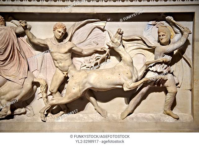 Greek relief sculpture of a hunt on Alexander The Great ( Alexander III of Macedon )4th Cent BC. Sarcophagus calved from Pentelic Marble from the Royal...