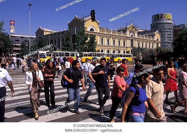 Avenida Libertador Bernardo O'Higgins, people walking on pedestrian crossing  Santiago, Chile, South America