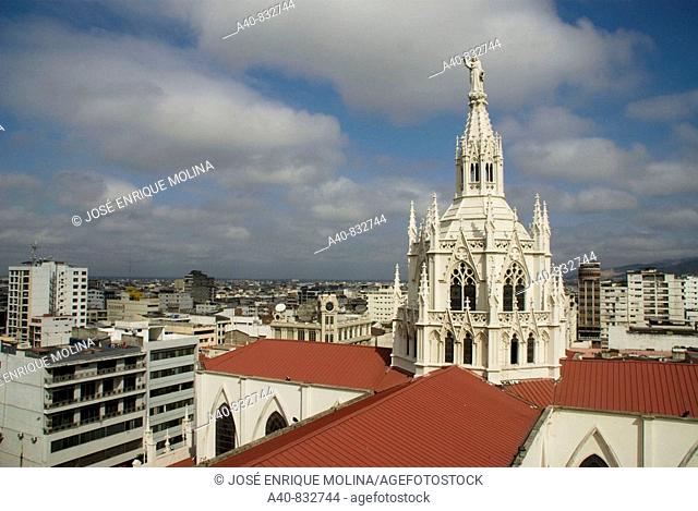 Ecuador. Guayaquil city. Metropolitan Cathedral ( 1924-37 ). Neogothic stile. Central dome and the City of Guayaquil