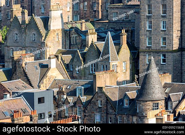 View at medieval city of Scottish Edinburgh with rooftops and chimneys