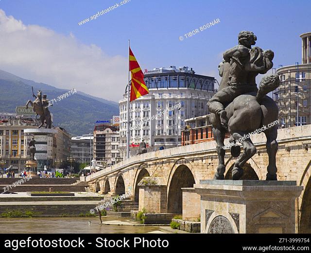 North Macedonia, Skopje, Stone Bridge, Vardar River, skyline,
