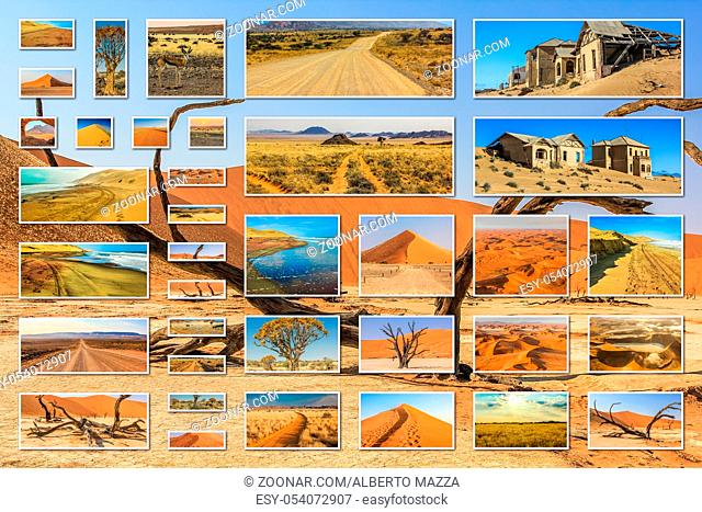 Namibia pictures collage of different locations landmark of Namibia including Etosha, Namib-Naukluft, Sperrgebiet, Skeleton Coast, Sandwich Harbour