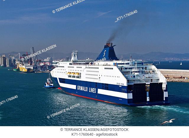 A Grimaldi Lines ferry ship docked in the port of Barcelona, Spain
