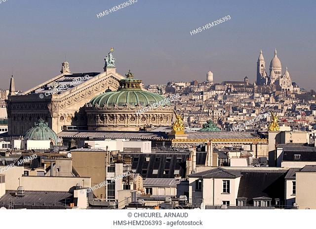 France, Paris, the Garnier opera-house and the Sacre Cœur Basilica in the background