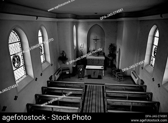 Wooden pews church interior, Storkensohn, Haut Rhin, Grand Est, France, Europe