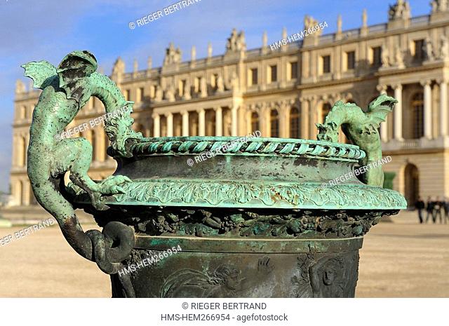 France, Yvelines, Chateau de Versailles, listed as World Heritage by UNESCO, one of the bronze vases surrounding the castle