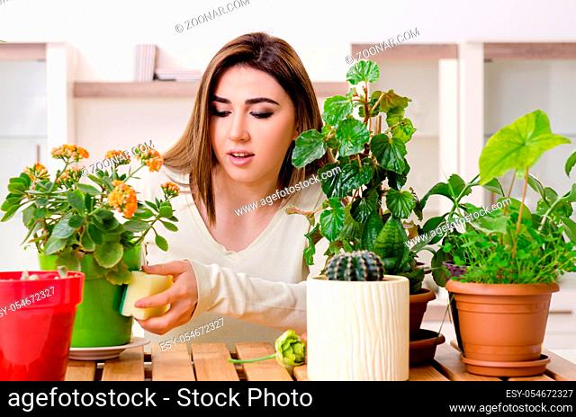 The young female gardener with plants indoors