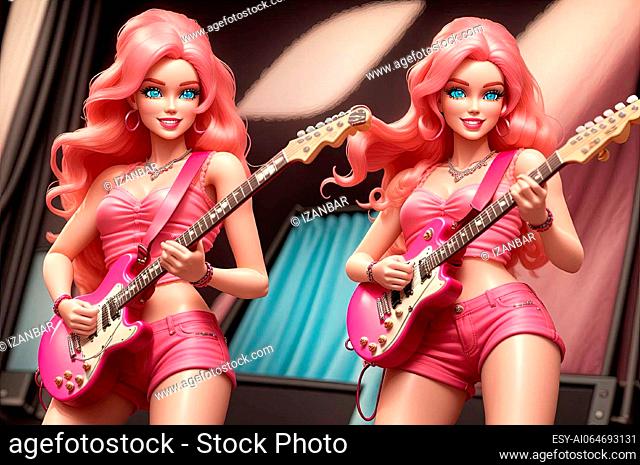 Twins of Rock and roll playing guitar pink barbie girl style, illustration generative ai, Twins of Rock and roll playing guitar pink barbie girl style