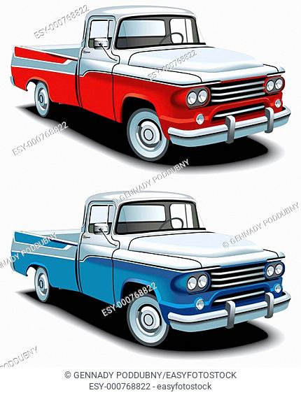 Vectorial icon set of American retro pickups, executed in two colour versions and isolated on white backgrounds  Every pickup is in separate layers  File...