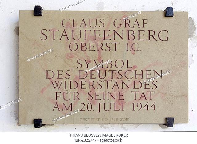 Memorial plaque for Claus Graff Stauffenberg, symbol of German resistance during the Third Reich, Bamberg, Upper Franconia, Bavaria, Germany, Europe