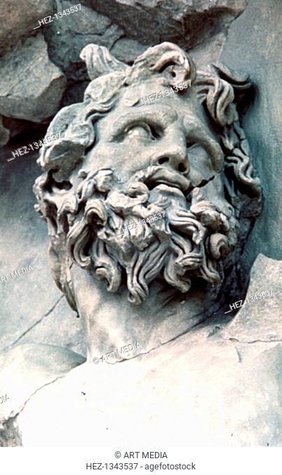 Detail from the Great Frieze of the Pergamon Altar, 180-159 BC. Head of a giant. The 113 metre long Ancient Greek frieze depicts the 'gigantomachy'