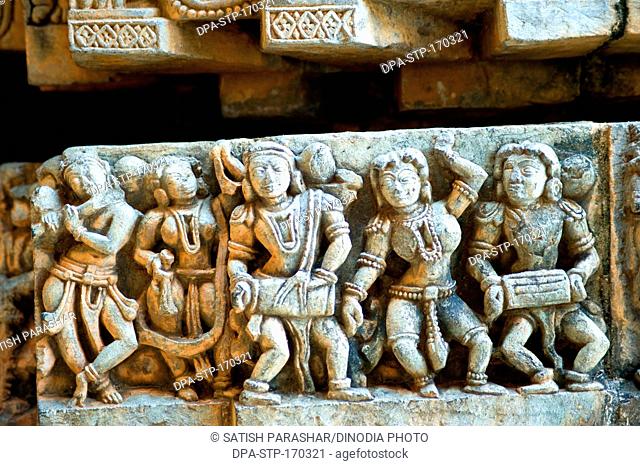 Musicians statues carved on hoysaleswara temple ; Halebid Halebidu ; Hassan ; Karnataka ; India