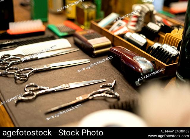 Hairdressing tools arranged on table
