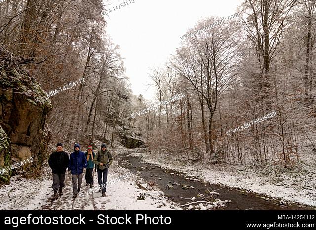 Freital, valley Rabenauer Grund, river Rote Weißeritz, hiker, snow, Erzgebirge / Ore Mountains, Sachsen, Saxony, Germany