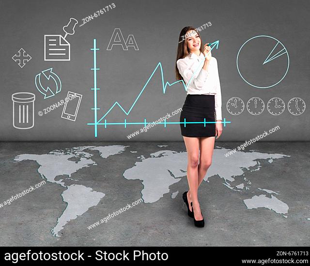Business woman draw a graph, a global business