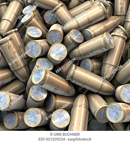 Pool, pile, heap of bullets wit euro coin caps, bottoms, 3d rendering