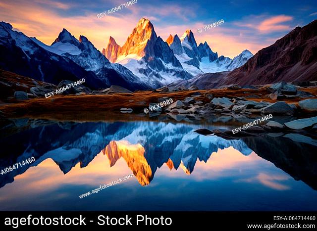 Towering peaks reflected in a glassy alpine lake, a picturesque natural scene