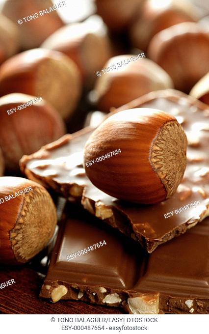 Hazelnuts and chocolate on brown wood enviroment at studio