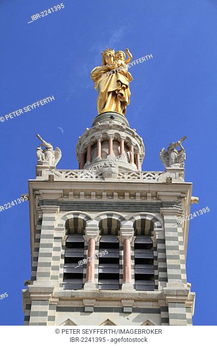 Tower of the church Notre-Dame de la Garde with the gilded statue Virgin and Child by Eugène Lequesne, Marseille, Département Bouches du Rhône