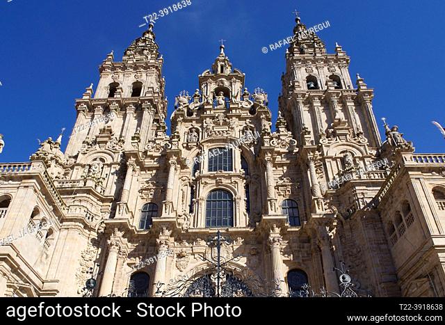 Santiago de Compostela (Galicia) Spain. Close-up of the Cathedral of Santiago de Compostela in the Obradoiro square in the city of Santiago de Compostela