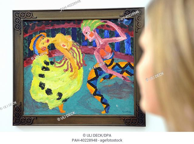 A woman observes the work 'Dancer and harlequin' from 1920 by Emil Nolde at Frieder Burda Museum in Baden-Baden, Germany, 14 June 2013