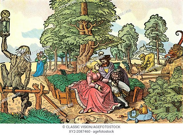 After a 16th century woodcut by Peter Flötner entitled The Hazards of Love. Lovers in a garden. Amongst the symbology, Father Time with a snake wrapped around...
