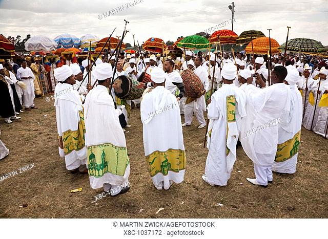 groups of dancers and musicans are celebrating a ritual in front of the priests with the tabot  Timkat ceremony of the ethiopian orthodox church in Addis Ababa...