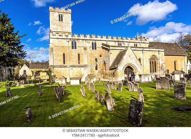 St Mary's Church from graveyard, Bibury, the Cotswolds, Gloucestershire, England, UK