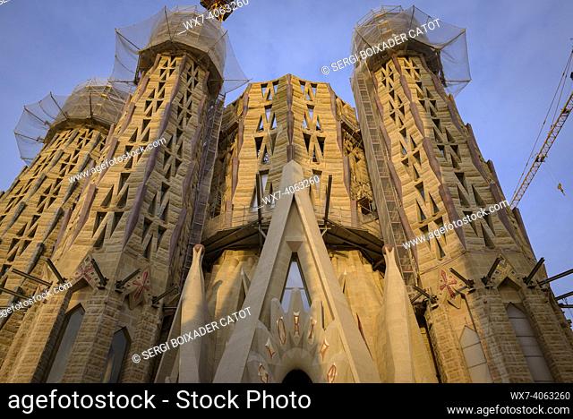 Towers under construction inside the Sagrada Família Basilica at sunset (Barcelona, Catalonia, Spain)