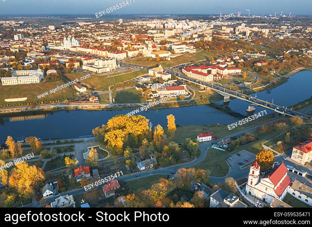 Grodno, Belarus. Aerial Bird's-eye View Of Hrodna Cityscape Skyline. Famous Popular Historic Landmarks In Sunny Autumn Evening