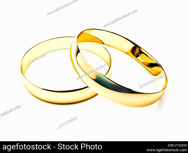 Wedding rings closeup on white background with shadow