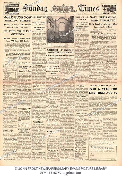 1941 front page Sunday Times British Forces bombard Tobruk and bombing raids on Britain